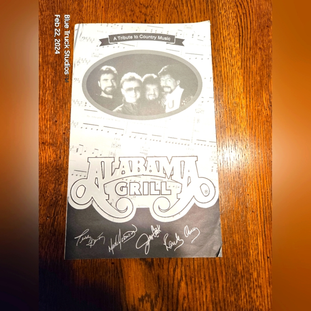 Country Music Supergroup ALABAMA Restaurant Grill Paper Menu Rare Hard To Find